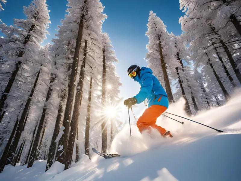 Person står på ski, og solen skinner