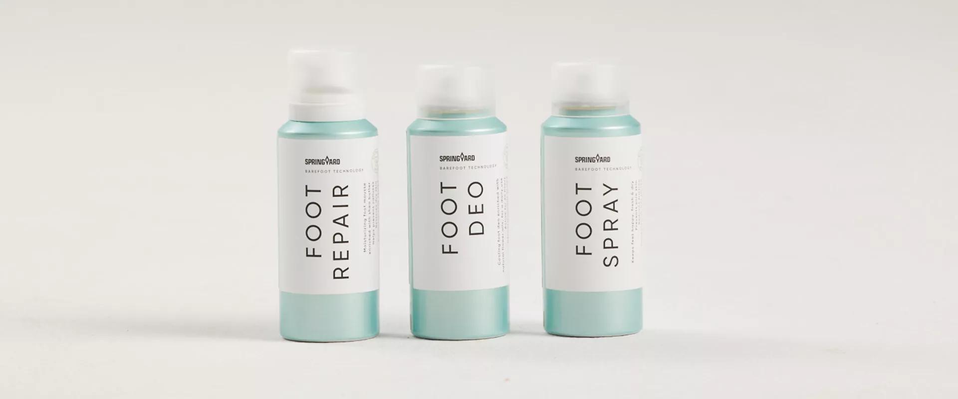 Billede af de tre fodplejeprodukter Foot Repair, Foot Deo og Foot Spray